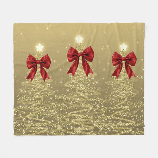 Christmas Sparkling Trees Gold Faux Red Bow  フリースブランケット (正面(横))