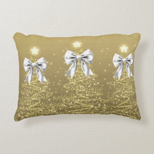 Christmas Sparkling Trees Gold Faux Silver Bow  アクセントクッション (正面)