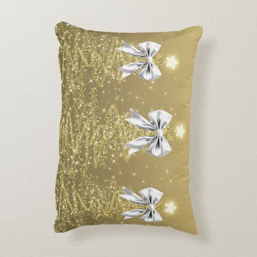 Christmas Sparkling Trees Gold Faux Silver Bow  アクセントクッション (裏面(縦))