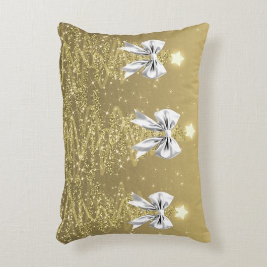 Christmas Sparkling Trees Gold Faux Silver Bow  アクセントクッション (正面(垂直))
