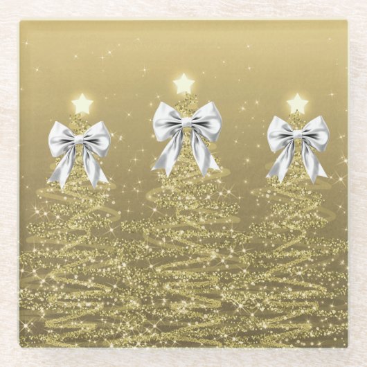 Christmas Sparkling Trees Gold Faux Silver Bow  ガラスコースター (正面)