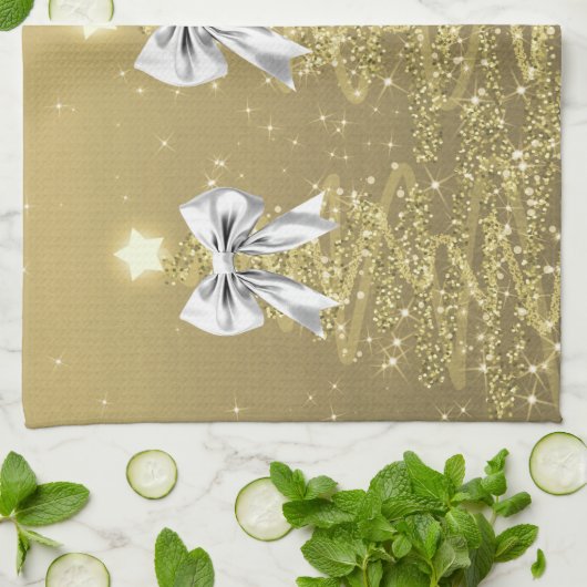 Christmas Sparkling Trees Gold Faux Silver Bow  キッチンタオル (折り畳み)
