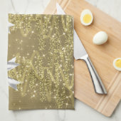 Christmas Sparkling Trees Gold Faux Silver Bow  キッチンタオル (四つ折り)