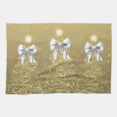 Christmas Sparkling Trees Gold Faux Silver Bow  キッチンタオル (横)