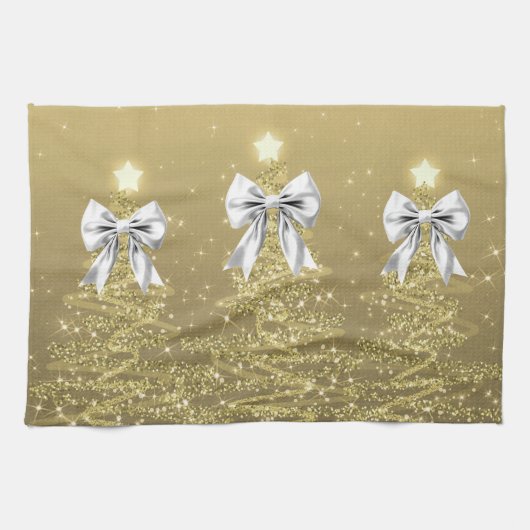 Christmas Sparkling Trees Gold Faux Silver Bow  キッチンタオル (横)