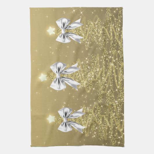 Christmas Sparkling Trees Gold Faux Silver Bow  キッチンタオル (縦)