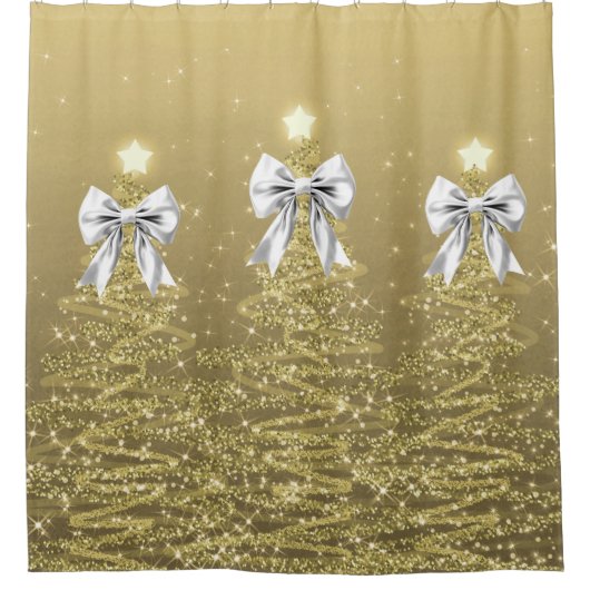 Christmas Sparkling Trees Gold Faux Silver Bow シャワーカーテン (正面)