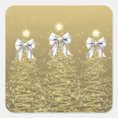 Christmas Sparkling Trees Gold Faux Silver Bow  スクエアシール (正面)