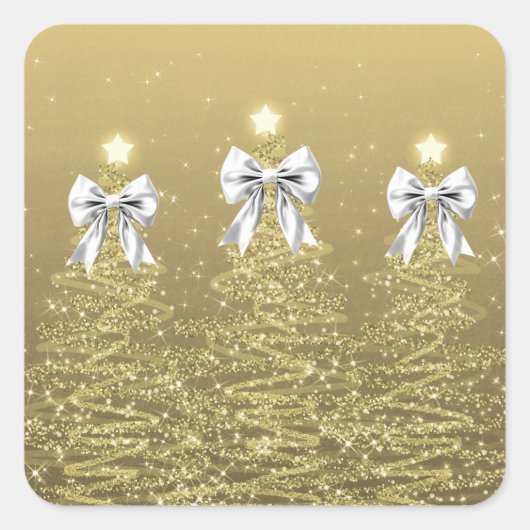Christmas Sparkling Trees Gold Faux Silver Bow  スクエアシール (正面)