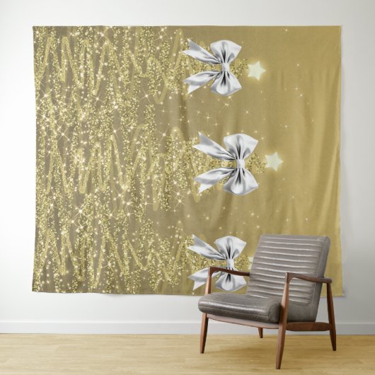 Christmas Sparkling Trees Gold Faux Silver Bow  タペストリー (インサイチュ(横))