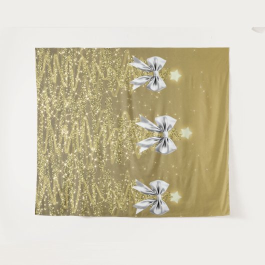 Christmas Sparkling Trees Gold Faux Silver Bow  タペストリー (正面(横))