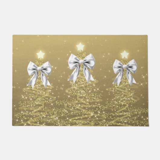 Christmas Sparkling Trees Gold Faux Silver Bow  ドアマット (正面)