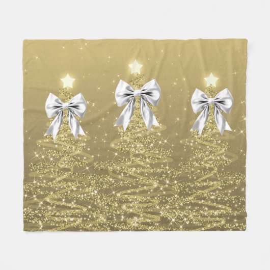 Christmas Sparkling Trees Gold Faux Silver Bow  フリースブランケット (正面(横))