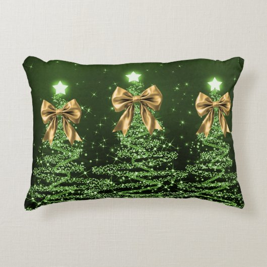 Christmas Sparkling Trees Green Faux Gold Bow  アクセントクッション (正面)