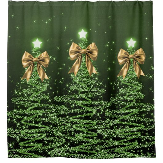 Christmas Sparkling Trees Green Faux Gold Bow  シャワーカーテン (正面)