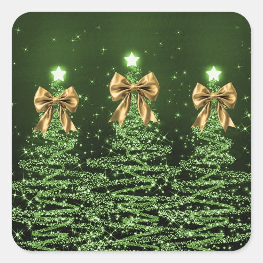 Christmas Sparkling Trees Green Faux Gold Bow  スクエアシール (正面)