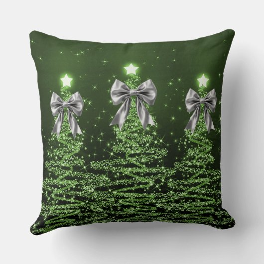 Christmas Sparkling Trees Green Faux Silver Bow  クッション (裏面)