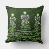 Christmas Sparkling Trees Green Faux Silver Bow  クッション (正面)