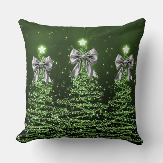 Christmas Sparkling Trees Green Faux Silver Bow  クッション (正面)
