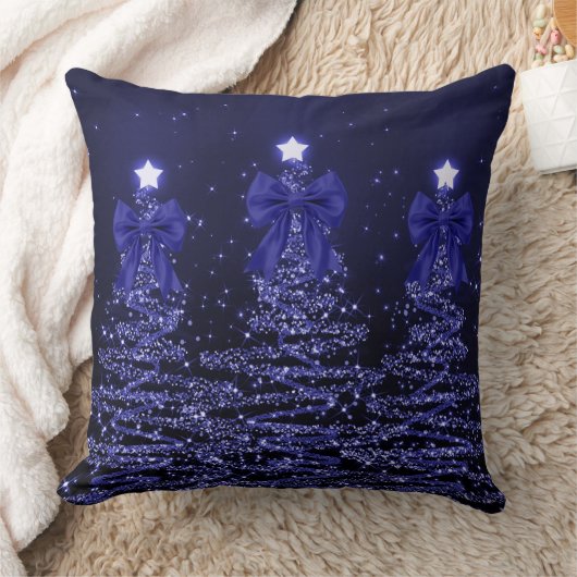 Christmas Sparkling Trees Navy Blue Faux Bow  クッション (ブランケット)