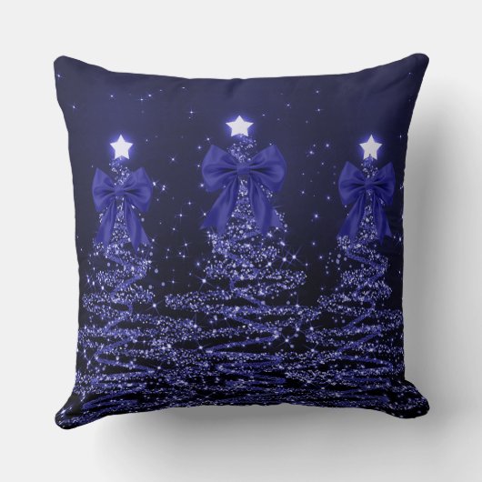 Christmas Sparkling Trees Navy Blue Faux Bow クッション (裏面)