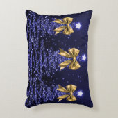 Christmas Sparkling Trees Navy Blue Faux Gold Bow  アクセントクッション (正面(垂直))