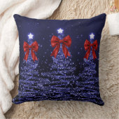 Christmas Sparkling Trees Navy Faux Red Bow  クッション (ブランケット)
