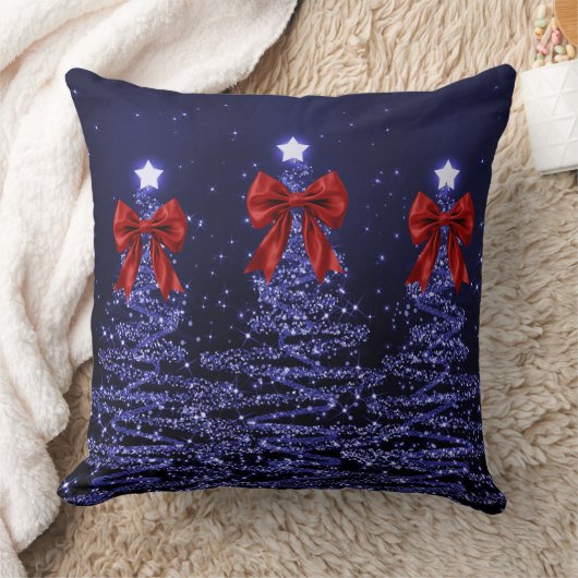 Christmas Sparkling Trees Navy Faux Red Bow クッション (ブランケット)