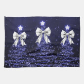 Christmas Sparkling Trees Navy Faux Silver Bow  キッチンタオル (横)