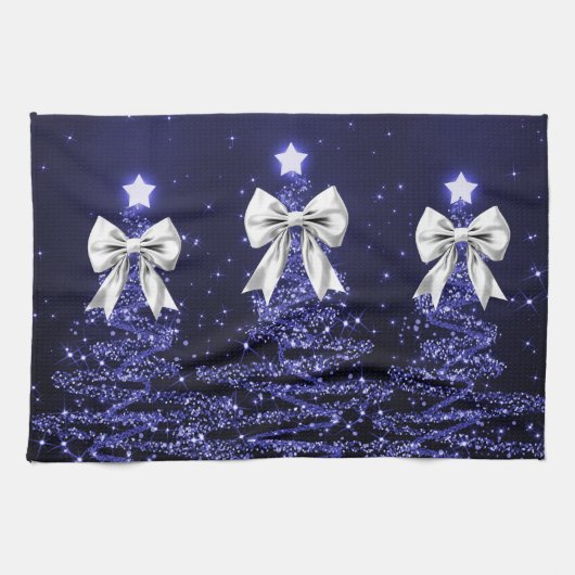 Christmas Sparkling Trees Navy Faux Silver Bow  キッチンタオル (横)