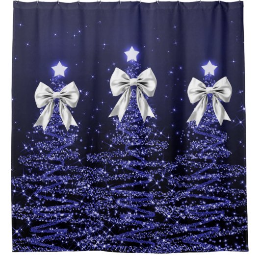 Christmas Sparkling Trees Navy Silver Faux Bow  シャワーカーテン (正面)