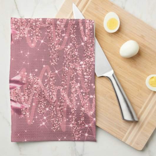 Christmas Sparkling Trees Pink Blush Faux Bow  キッチンタオル (四つ折り)