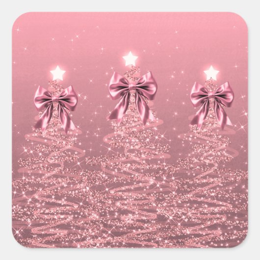Christmas Sparkling Trees Pink Blush Faux Bow スクエアシール (正面)