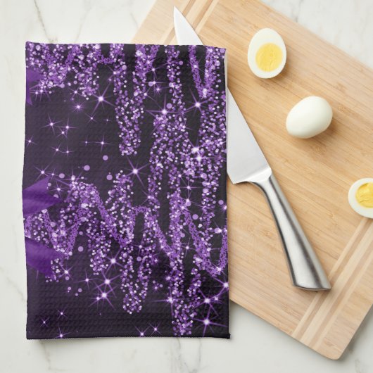 Christmas Sparkling Trees Purple Faux Bow  キッチンタオル (四つ折り)