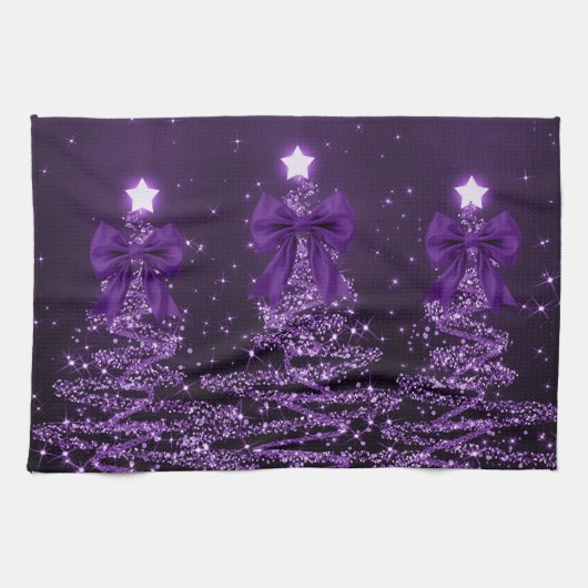 Christmas Sparkling Trees Purple Faux Bow  キッチンタオル (横)