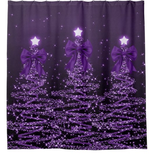 Christmas Sparkling Trees Purple Faux Bow シャワーカーテン (正面)