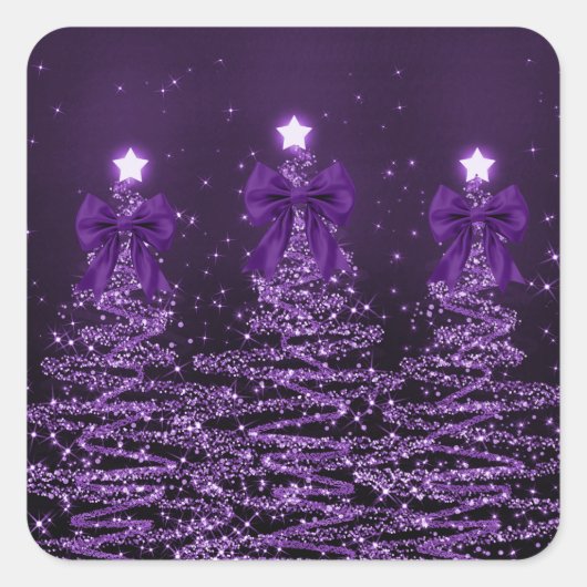 Christmas Sparkling Trees Purple Faux Bow  スクエアシール (正面)