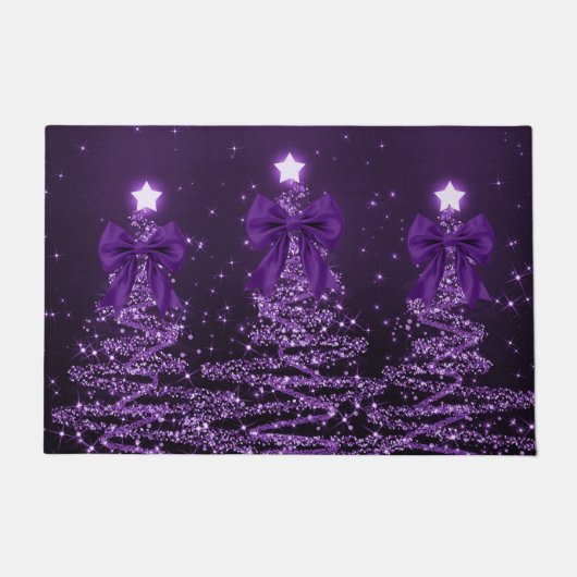 Christmas Sparkling Trees Purple Faux Bow  ドアマット (正面)