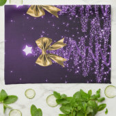 Christmas Sparkling Trees Purple Faux Gold Bow  キッチンタオル (折り畳み)