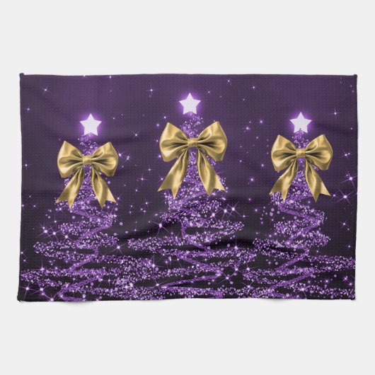 Christmas Sparkling Trees Purple Faux Gold Bow  キッチンタオル (横)