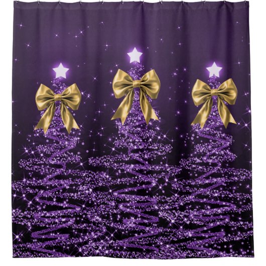 Christmas Sparkling Trees Purple Faux Gold Bow シャワーカーテン (正面)