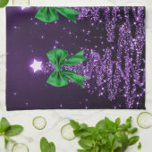 Christmas Sparkling Trees Purple Faux Green Bow  キッチンタオル (折り畳み)