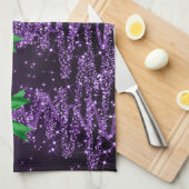 Christmas Sparkling Trees Purple Faux Green Bow  キッチンタオル (四つ折り)