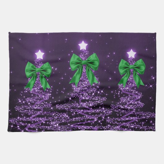 Christmas Sparkling Trees Purple Faux Green Bow  キッチンタオル (横)