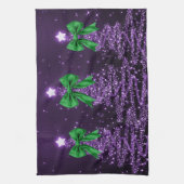 Christmas Sparkling Trees Purple Faux Green Bow  キッチンタオル (縦)
