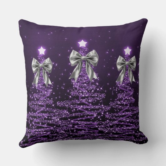 Christmas Sparkling Trees Purple Faux Silver Bow  クッション (裏面)