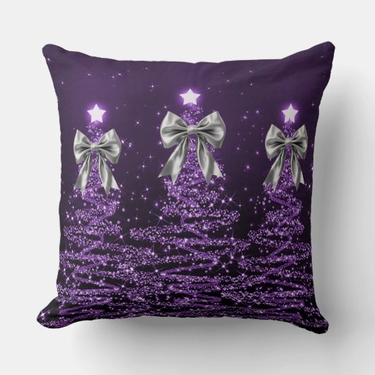 Christmas Sparkling Trees Purple Faux Silver Bow  クッション (正面)