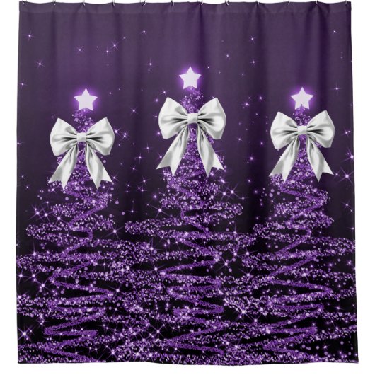 Christmas Sparkling Trees Purple Faux Silver Bow シャワーカーテン (正面)