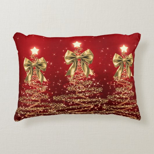 Christmas Sparkling Trees Red Gold Faux Bow  アクセントクッション (正面)