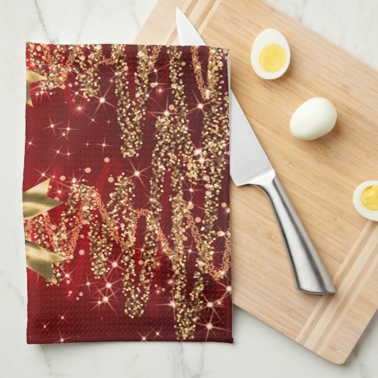 Christmas Sparkling Trees Red Gold Faux Bow  キッチンタオル (四つ折り)